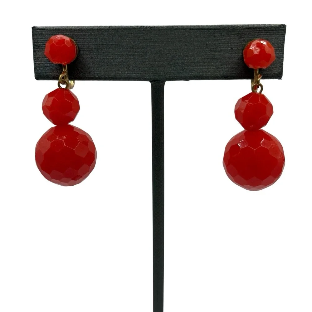 Cherry Red Faceted Bead Earrings Screw Back MCM Drop‎ Dangle VTG 50's Plastic